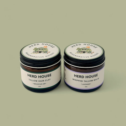 Grass-fed regenerative whipped tallow balm and natural matte hair clay bundle for skincare and hair styling