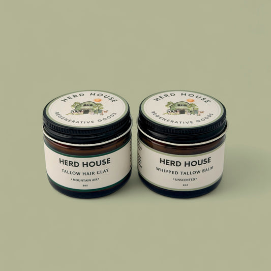Grass-fed regenerative whipped tallow balm and natural matte hair clay bundle for skincare and hair styling