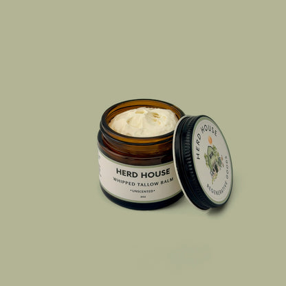 Regenerative whipped tallow balm made with grass-fed beef tallow for nourishing dry, sensitive skin.